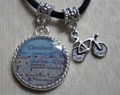 Bike Pendant Necklace World Map of Any Location Silver or Black Suede Chain
