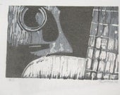 Guitars single-block reduction linocut print grayscale 3