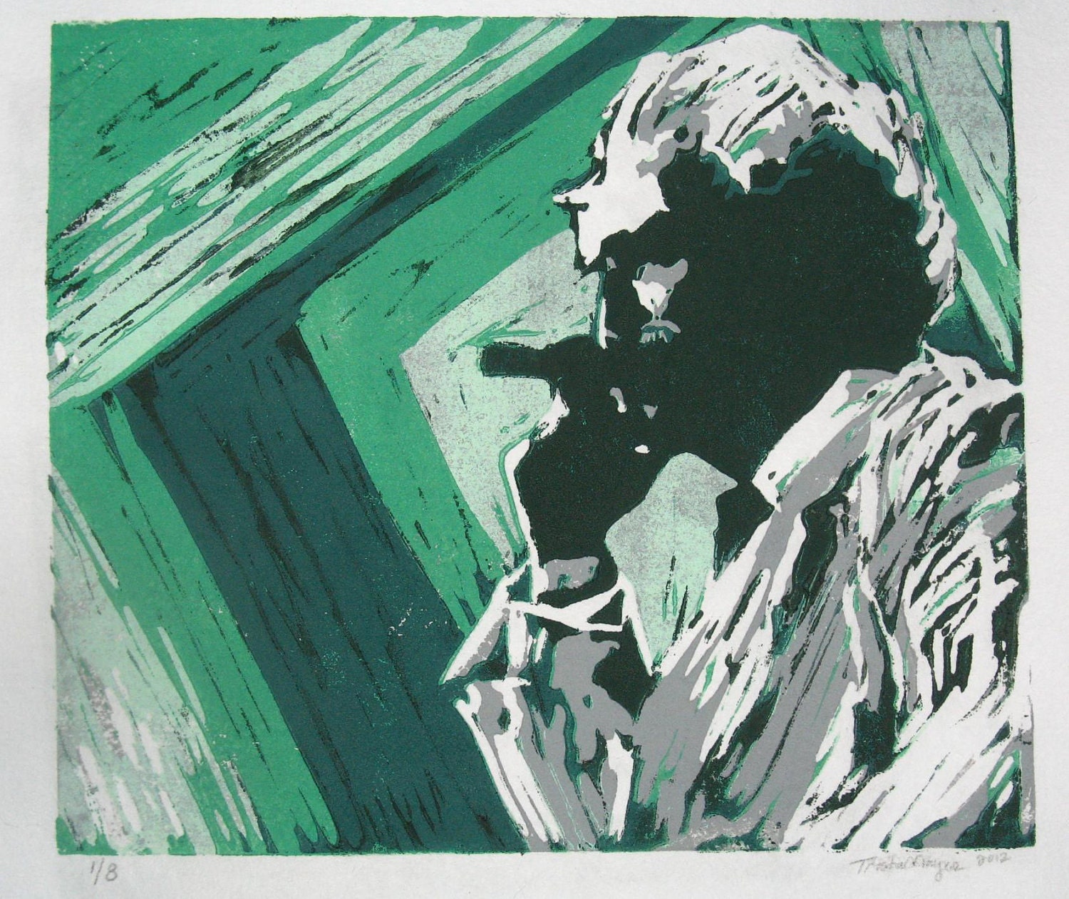 Mark Twain hand pulled single-block reduction linocut print