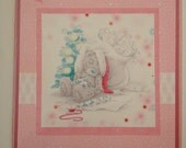 unique,designer,handmade pink christmas greeting card with sparkle beads and bows. from me to you bear,women and girl