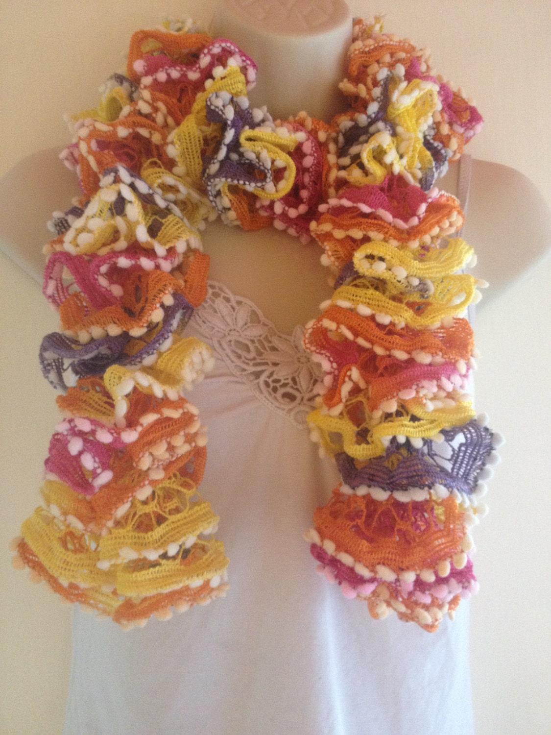 ruffled scarf,orange, yellow pink, purple with white edge hand knit very colourful summer autumn spring scarf even winter