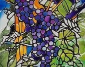 Grape Original Collage Art - Wine Grape Kitchen Decor - Paper Collage Illustration - Green and Purple Grapevine Collage Art