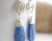 Kyanite Dangle Earrings, Silver Earrings with Elongated Blue Kyanite Stones, Silver and Blue Earrings