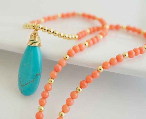 Coral Necklace with Turquoise Pendant, Coral Necklace