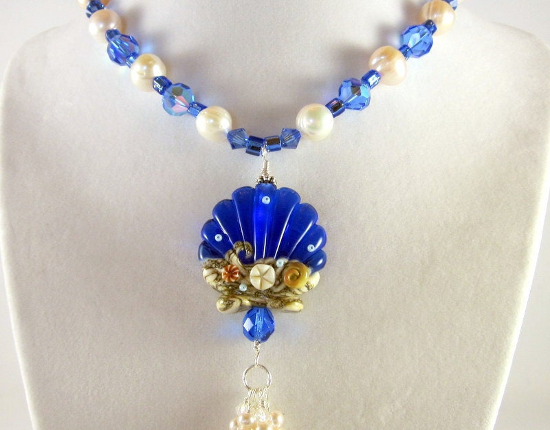 Blue and White Sea Shell Necklace, Beaded Necklace, Lampwork Necklace, Beaded Jewelry, Women's Jewelry,  Beadwork Necklace, Gifts for Her
