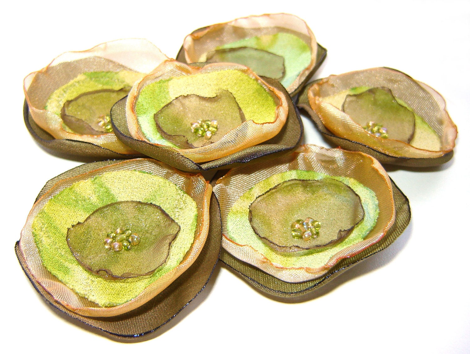 Handmade Flower Appliques Gold Organza Green Tafta Silk Sew on Poppies Corsage Hair Accessories (6 pcs)