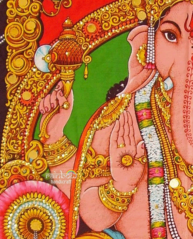hindu religious elephant head god deity ganesh ganesha sequin coton fabric painting wall hanging Indian tapestry ethnic home decor art India