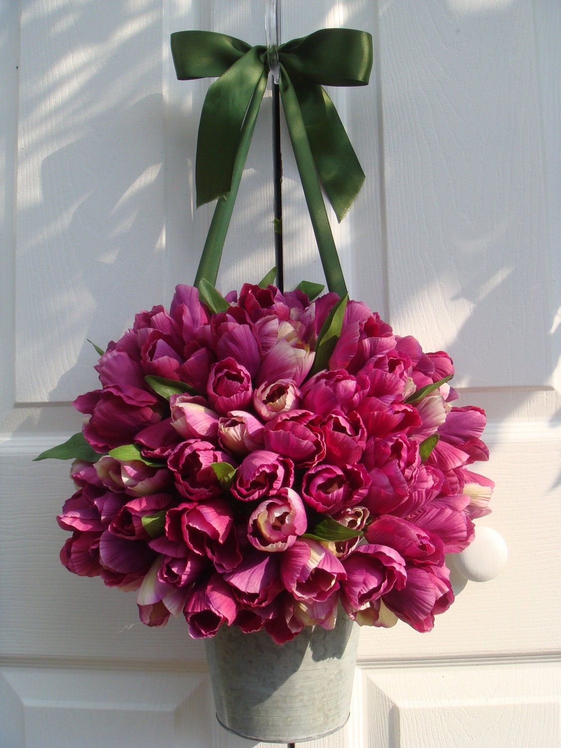 Wreath, summer wreath, front door wreath, beautiful dark purple tulip pail