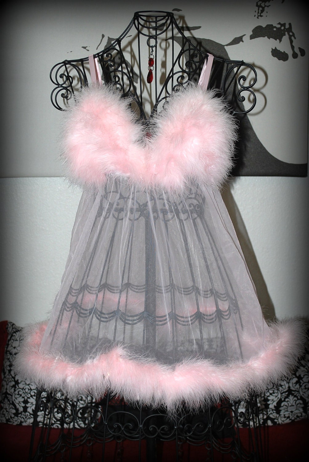 Pink Powder Puff Marabou Babydoll Lingerie Nighty