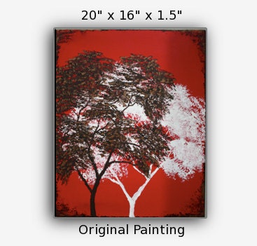 Modern Abstract Painting Landscape Painting Contemporary Wall Art Acrylic Red Background Metallic Trees 16 x 20 x 1.5
