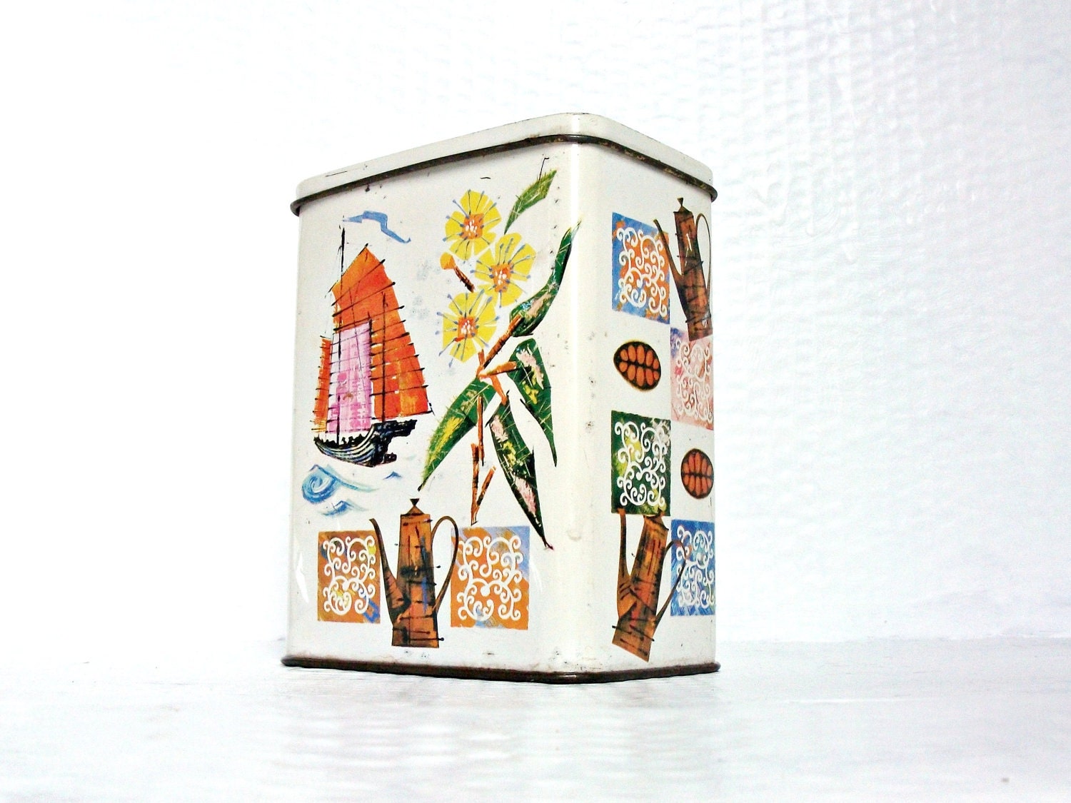 Mid Century Modern Metal Tin Tea Caddy Boats and Flowers Retro Fifties
