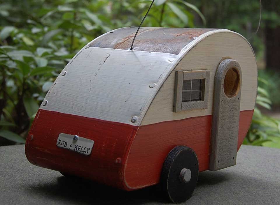 Birdhouse Trailer - Teardrop Bird house -Tangerine/white Tear drop trailer birdhouses