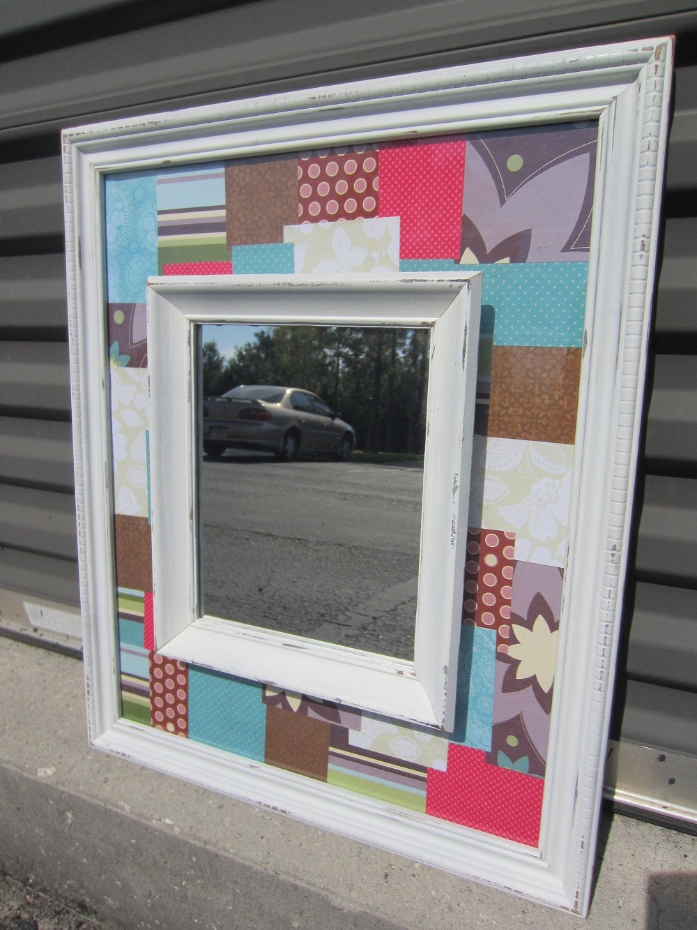 pink purple and turquoise decoupaged mirrors with distressed frames
