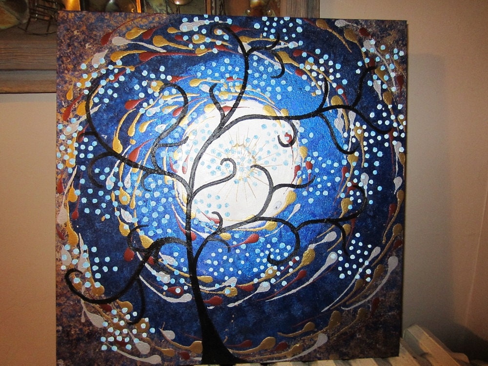 modern abstract metallic blue tree oil painting 20"x20"