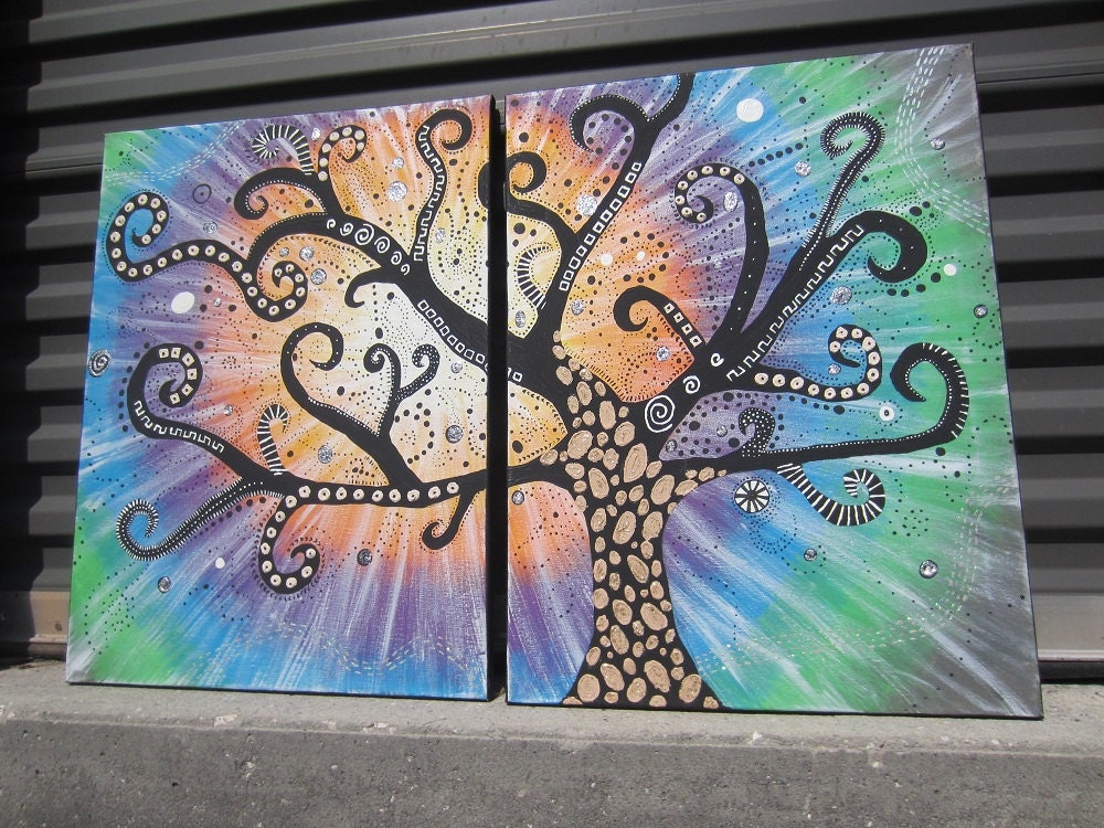 colorful tree acrylic painting 2 pc. 18"x24"