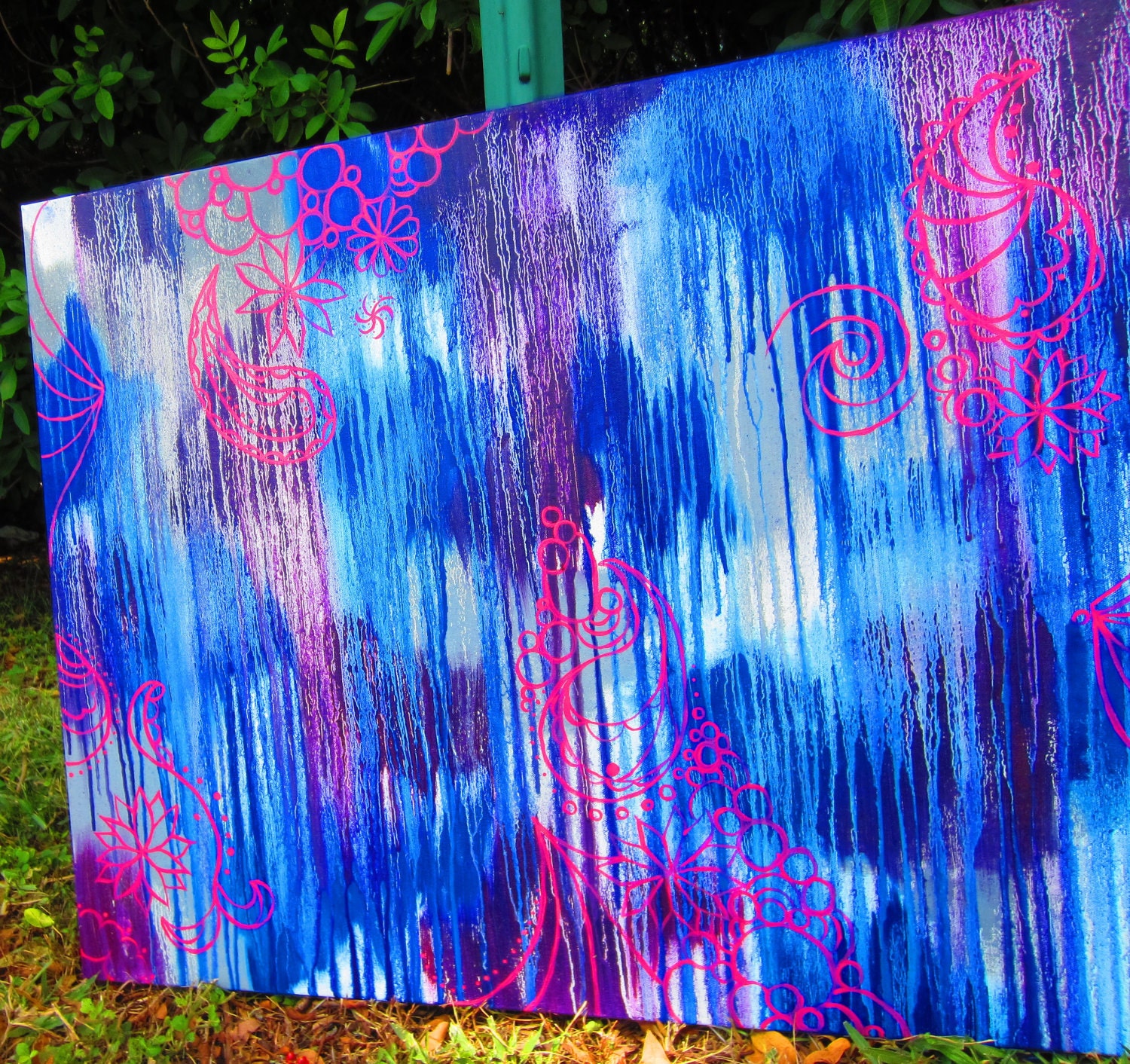 blue purple gray & pink paisley abstract oil painting 28"X30"