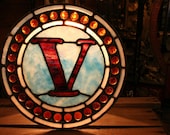 Letter V Made of Red and Blue Antique Leaded Stained Glass with 31 Amber Jewels