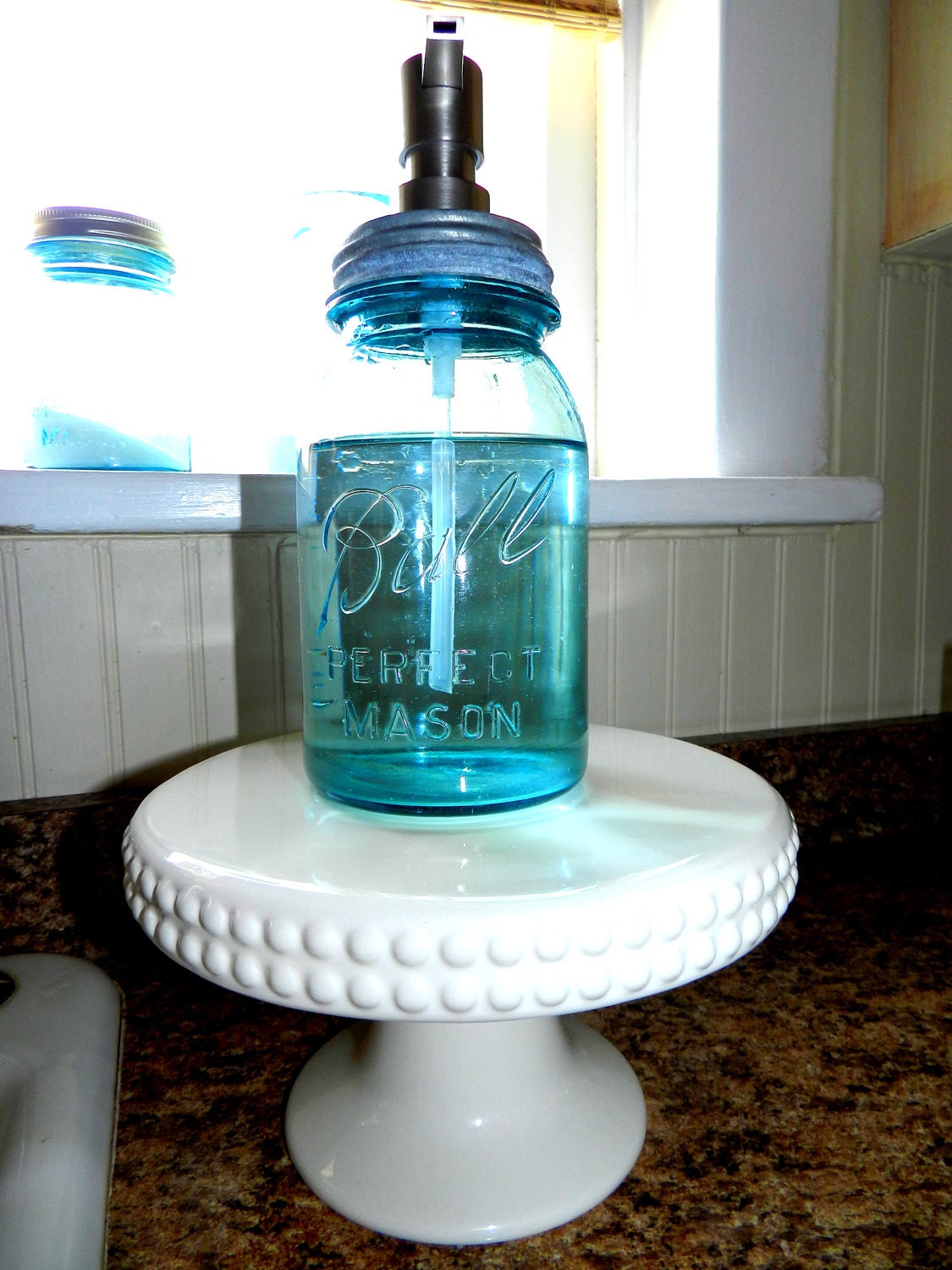 Vintage Blue Mason Jar Quart Sized Soap Dispenser with Stainless Steel Pump
