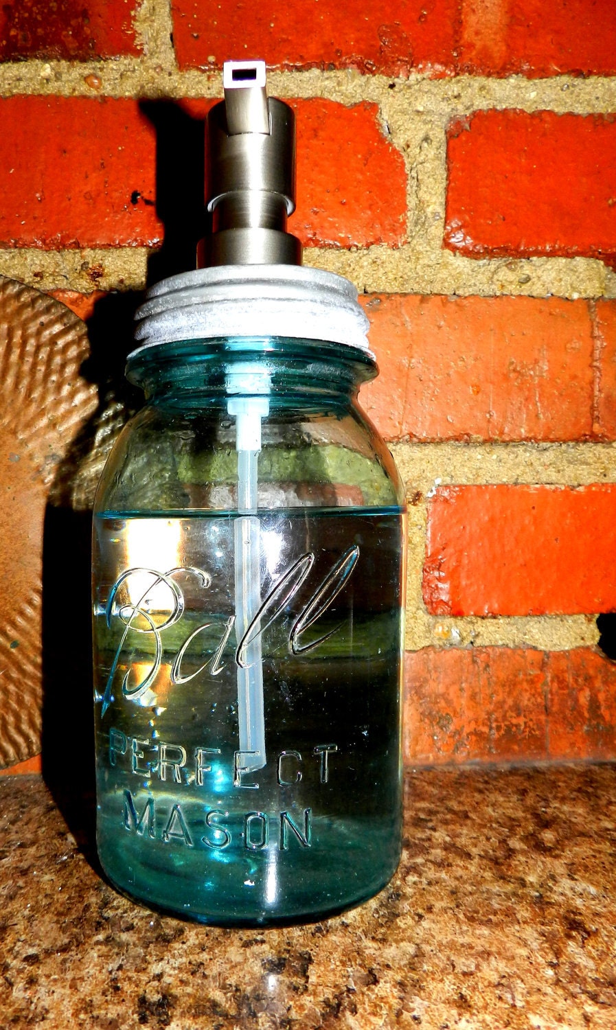 Vintage Blue Mason Jar Quart Sized Soap Dispenser with Stainless Steel Pump