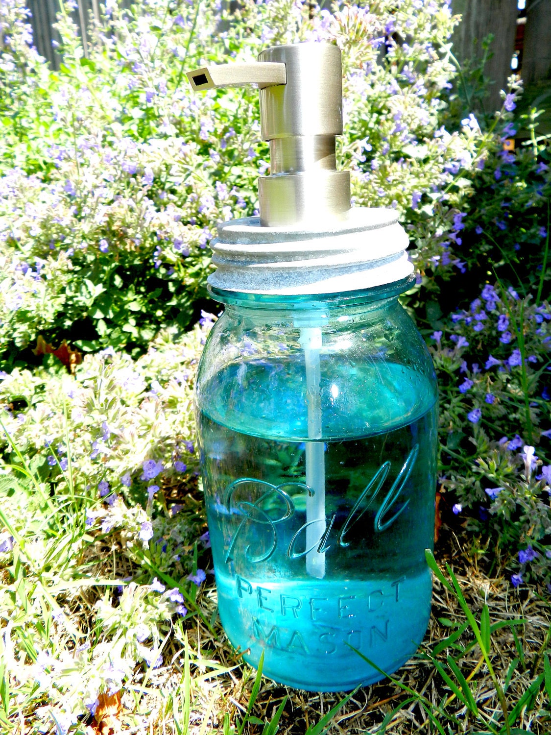 Vintage Blue Mason Jar Quart Sized Soap Dispenser with Stainless Steel Pump