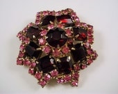Vintage Garnet Red & Pink Rhinestone Brooch, Tiered with Emerald and Round Cut Stones