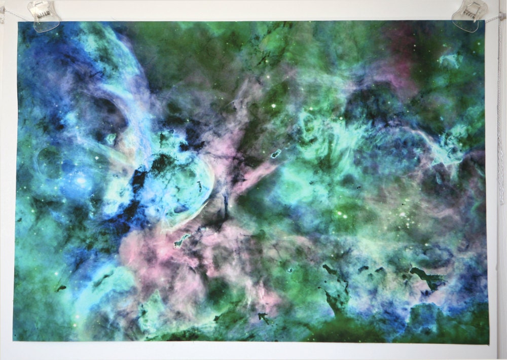 Astronomy Fabric Carina Nebula Green Blue Photograph on EQ Printable Cotton Fabric Sheet