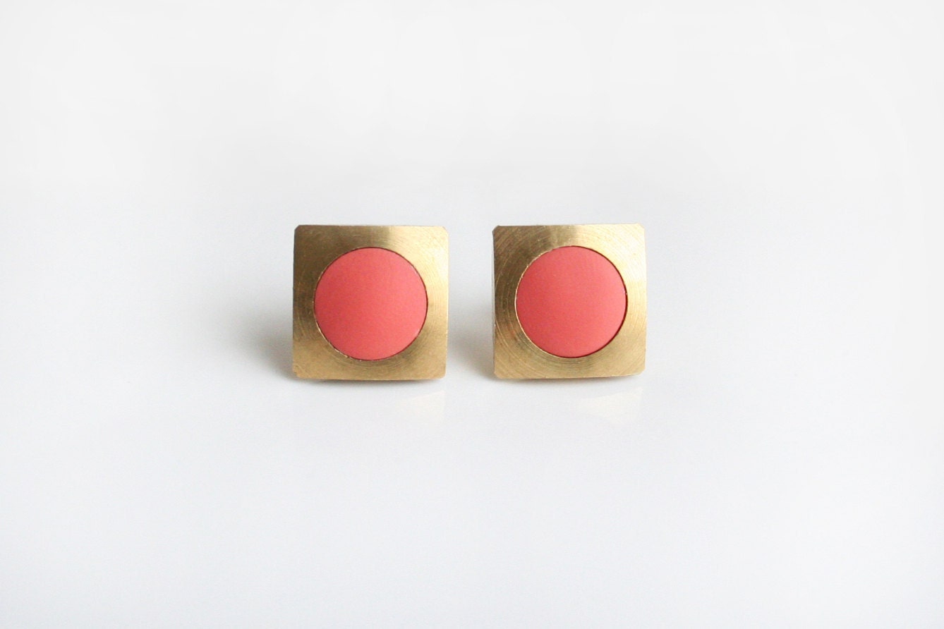 Geometric square peach circle stud earring