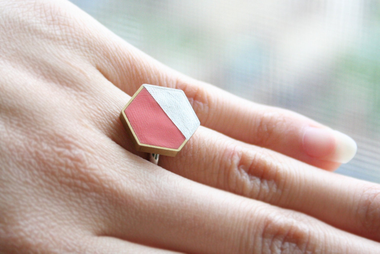 Peach/Silver Hexagon Ring