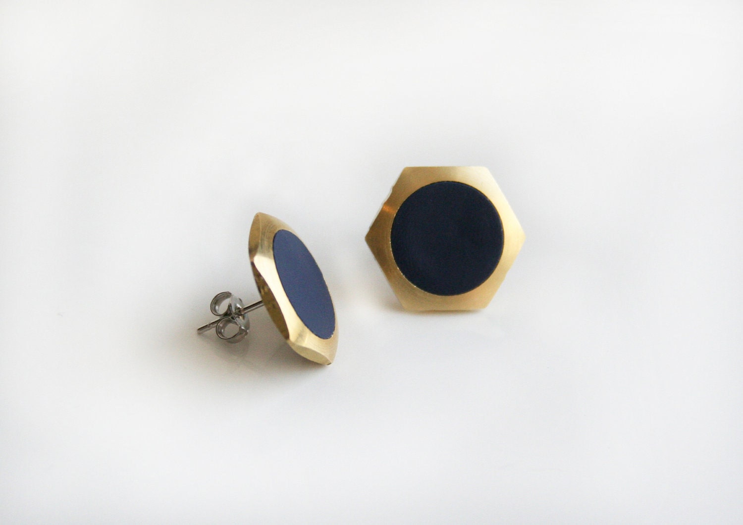 Navy geometric hexagon circle stud earring