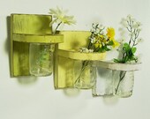 Home decor floral wall vase, sconce, wood, organizer, wedding, shabby chic, painted Light Avocado, Earthly Yellow and Vintage White
