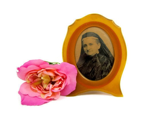 Antique mourning photo in amber celluloid frame marked Du Barry Pyralin, from Good Mourning Shop
