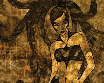 PRINT. 8x10". Texture Girls Collection 1. Brown girl with wild hair is covered in/made up of brown patterns.