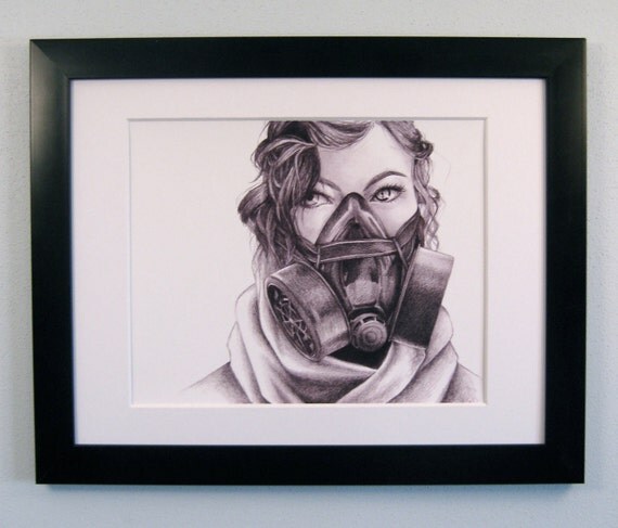 PRINT. Robotic People: 8x10 inch print of realistic drawing of a woman with a gas mask.