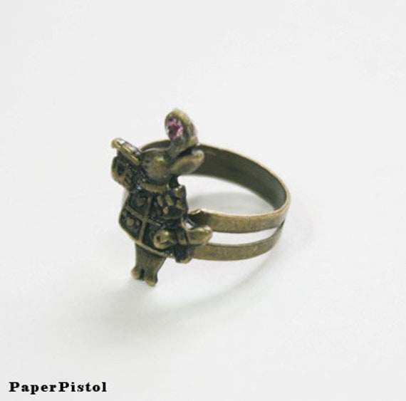 White Rabbit Ring Alice in Wonderland Bronze Purple Rhinestone