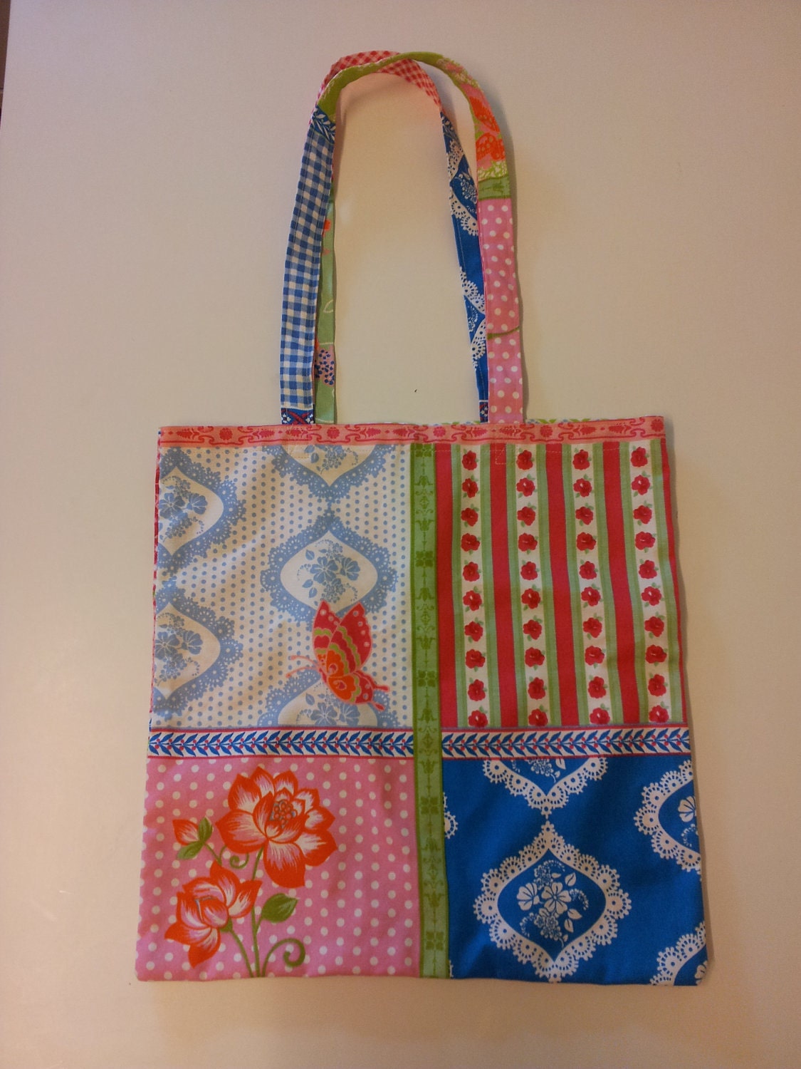 Vintage shabby chic tote/shopping bag. Grogeous spring colours in patchwork print