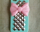 Pink Bow With Pyramid Studded Iphone 4 4s Mint Green Hard Case-A15
