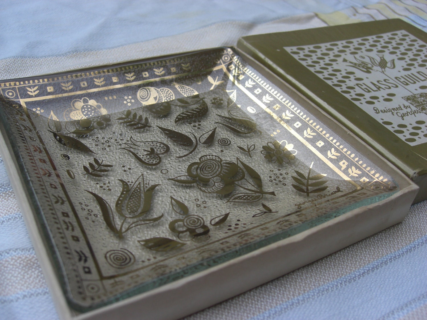Vintage Glass Guild Georges Briard Persian Garden Gold Candy Dish In Original Box Mid Century