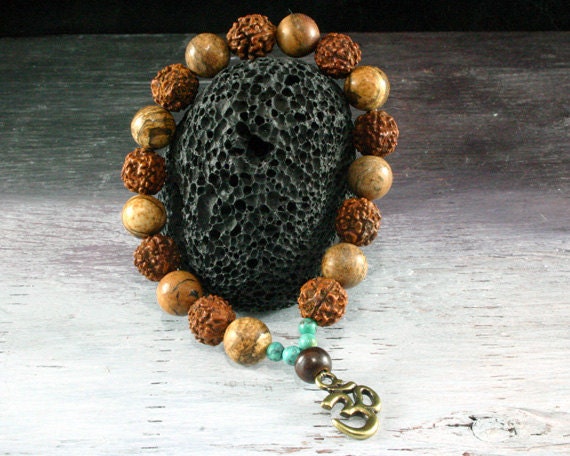 Yoga Bracelet - Mala - Yoga Jewelry, Rudraksh, Jasper, Turquoise, Unique Yoga Stretch Bracelet, Om Jewelry, Zen Bracelet