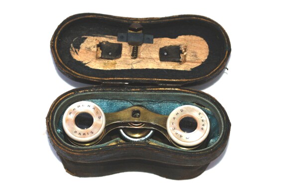 Antique mother of pearl opera glasses with original leather case -Sale