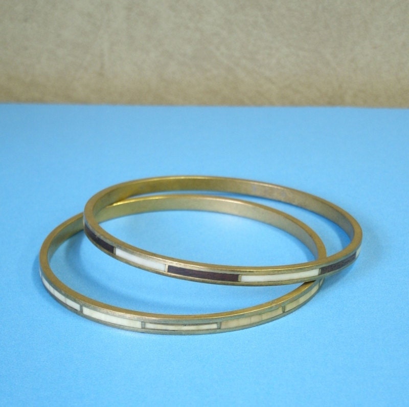 Set of 2 Brass Bangles Wood & Shell Inlay