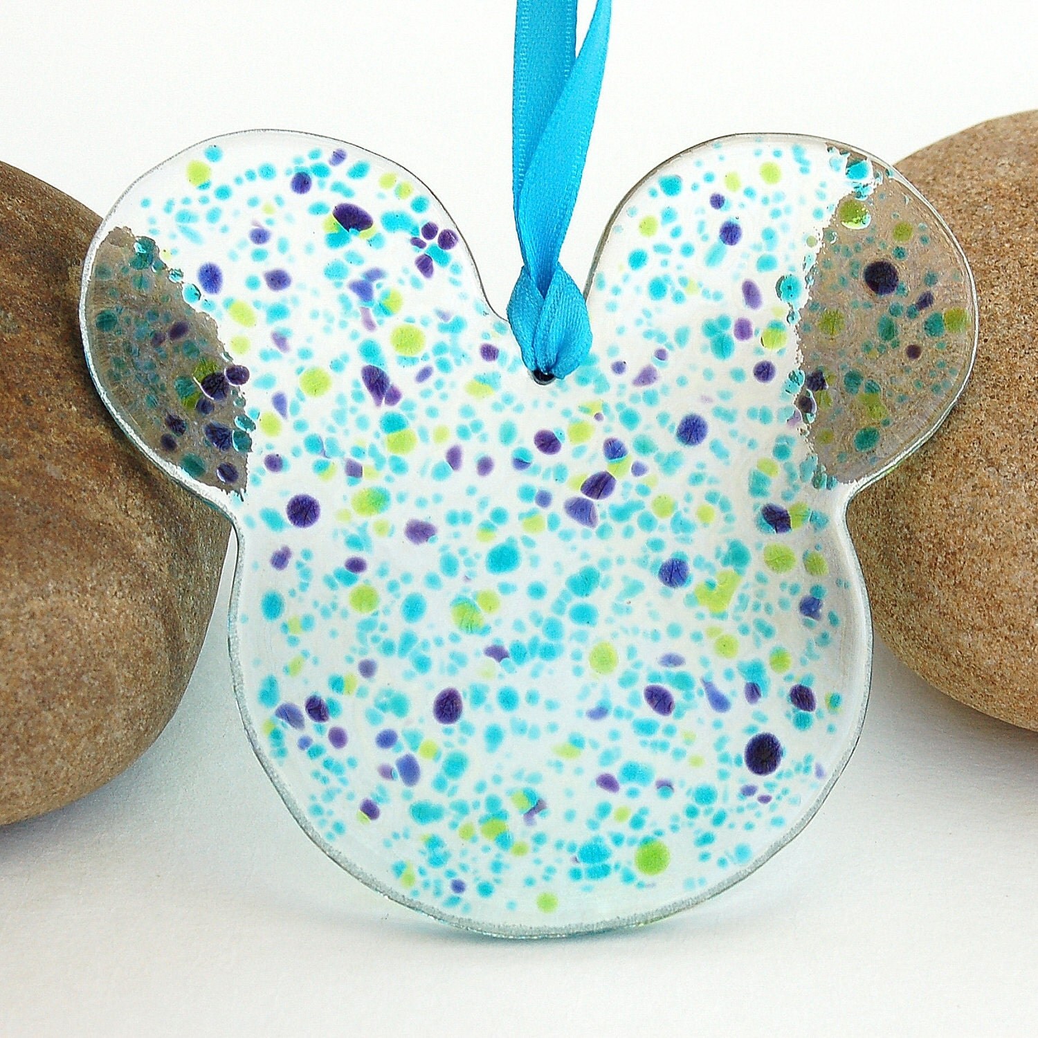 Fused Glass Mouse Ears Suncatcher - Ornament - Turquoise, Blue and Lime Green