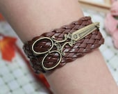 scissors bracelet,retro bronze scissors,light brown braid leather bracelet---B025