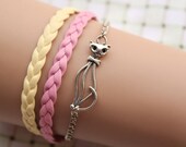 Miss cat bracelet,retro silver Mononoke pendant bracelet,yellow and pink leather braid bracelet---B076