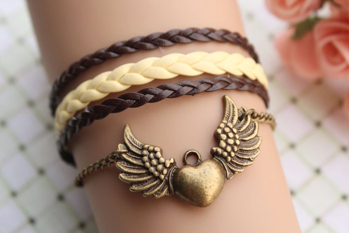 LOVE bracelet,retro bronze angel wings alloy bracelet,yellow and brown leather braid bracelet---B105