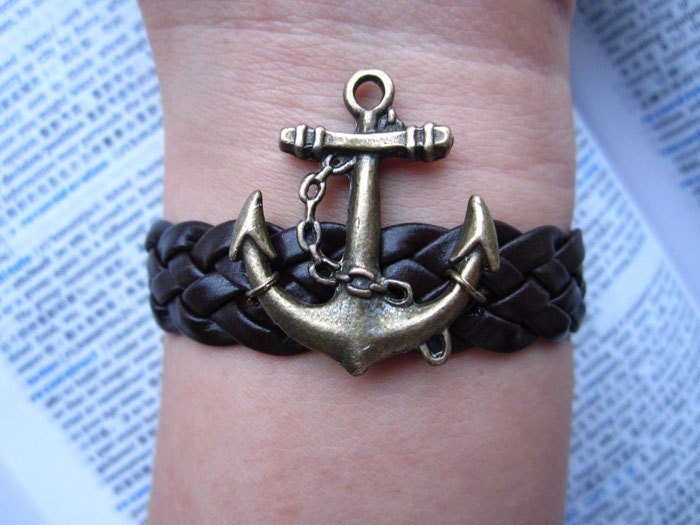 anchor bracelet,retro anchor pendant bracelet,brown braid leather bracelet---B012