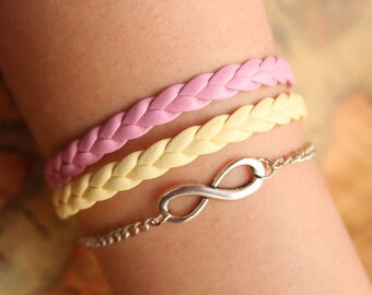 karma bracelet,retro silver infinity wish pendant alloy bracelet,yellow and pink leather braid bracelet---B055