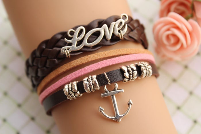Port of love,retro silver love letters and anchor bracelet,yellow braid leather bracelet,brown leather chain---B094