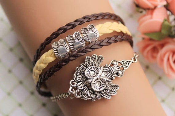OWL king bracelet,retro silver super cute owl bead bracelet,yellow and brown leather braid bracelet---B103