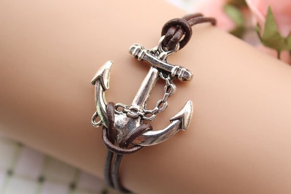 anchor bracelet,retro anchor pendant bracelet,brown true leather bracelet---B001