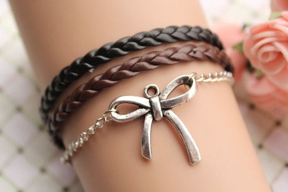 butterfly tie bracelet,retro silver butterfly tie pendant alloy bracelet,black and brown leather braid bracelet---B121